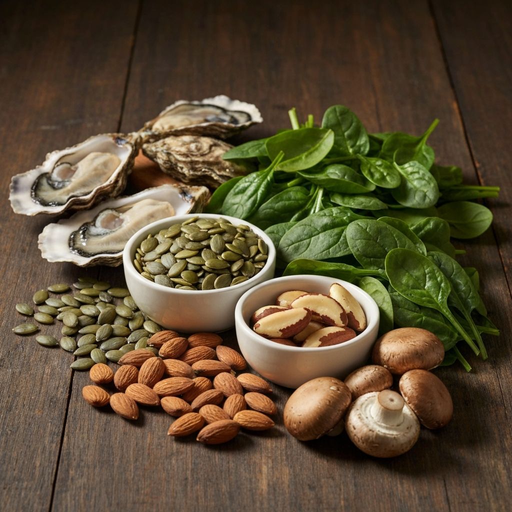 Mineral-rich foods arranged on wooden surface